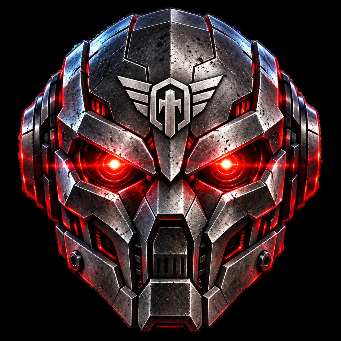 A dark armoured robot face with intense red eyes