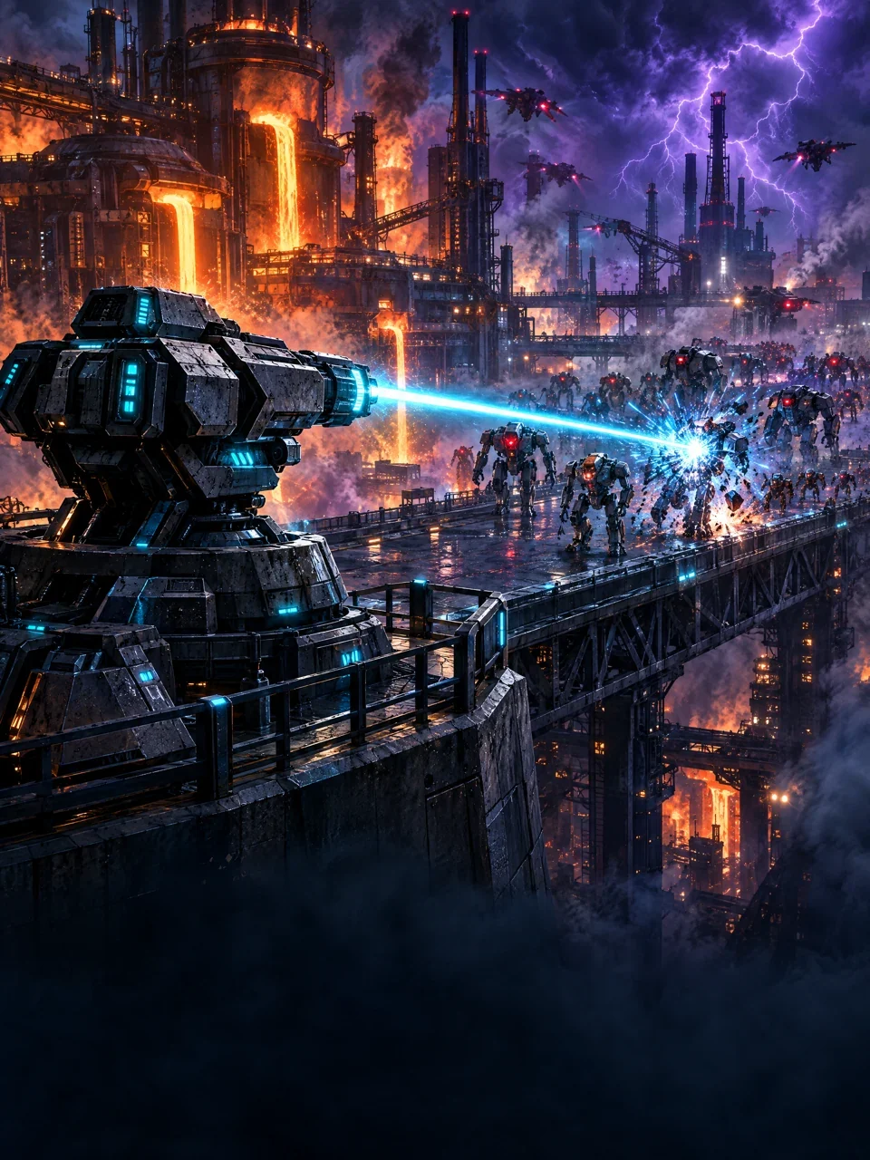 A defence turret faces a robot army amid orange furnaces and purple lightning