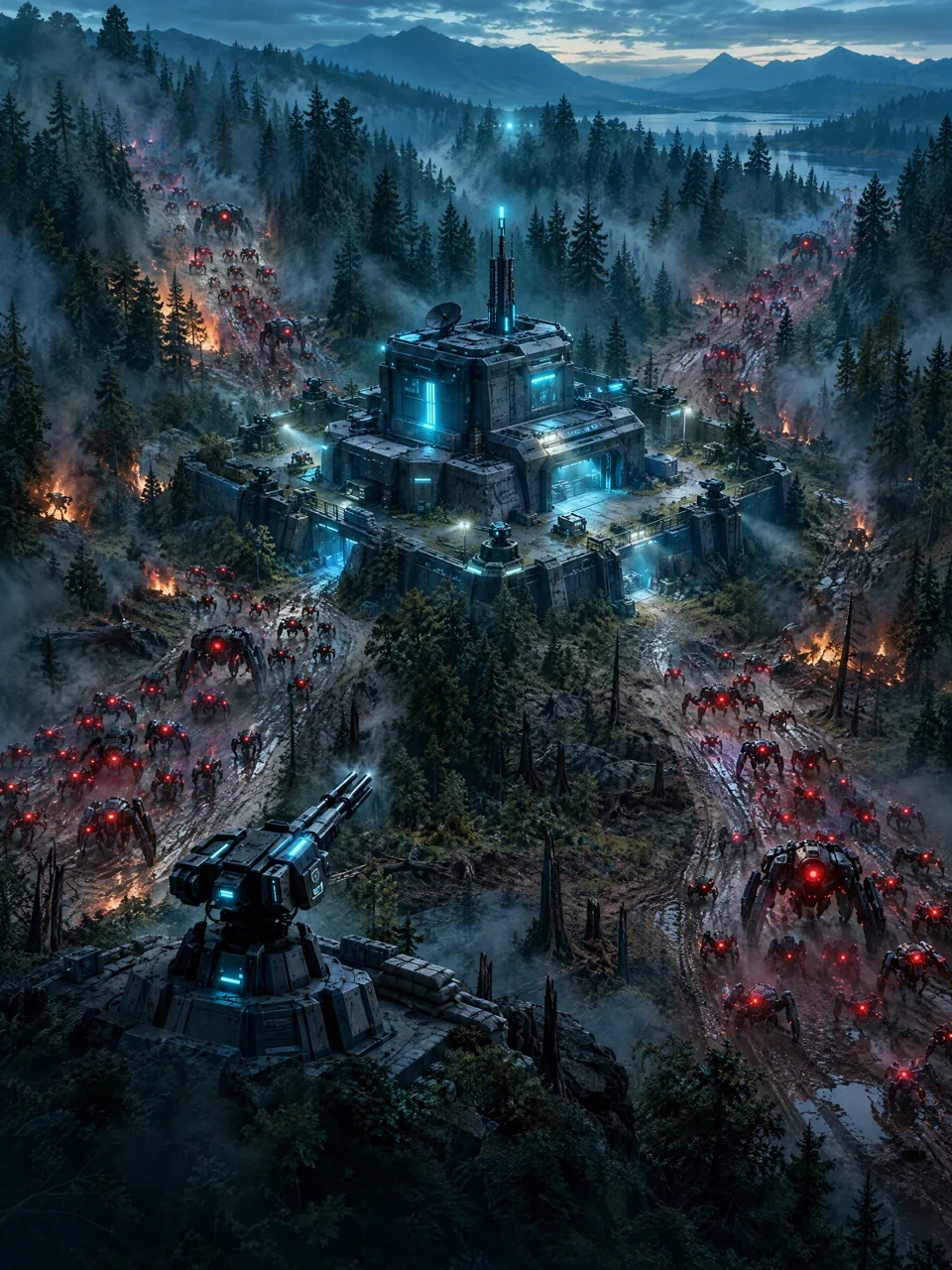 Robots advance through a dense blue-green forest around an abandoned outpost