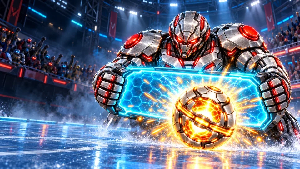 An armoured robot catches an energy blast against its glowing blue shield